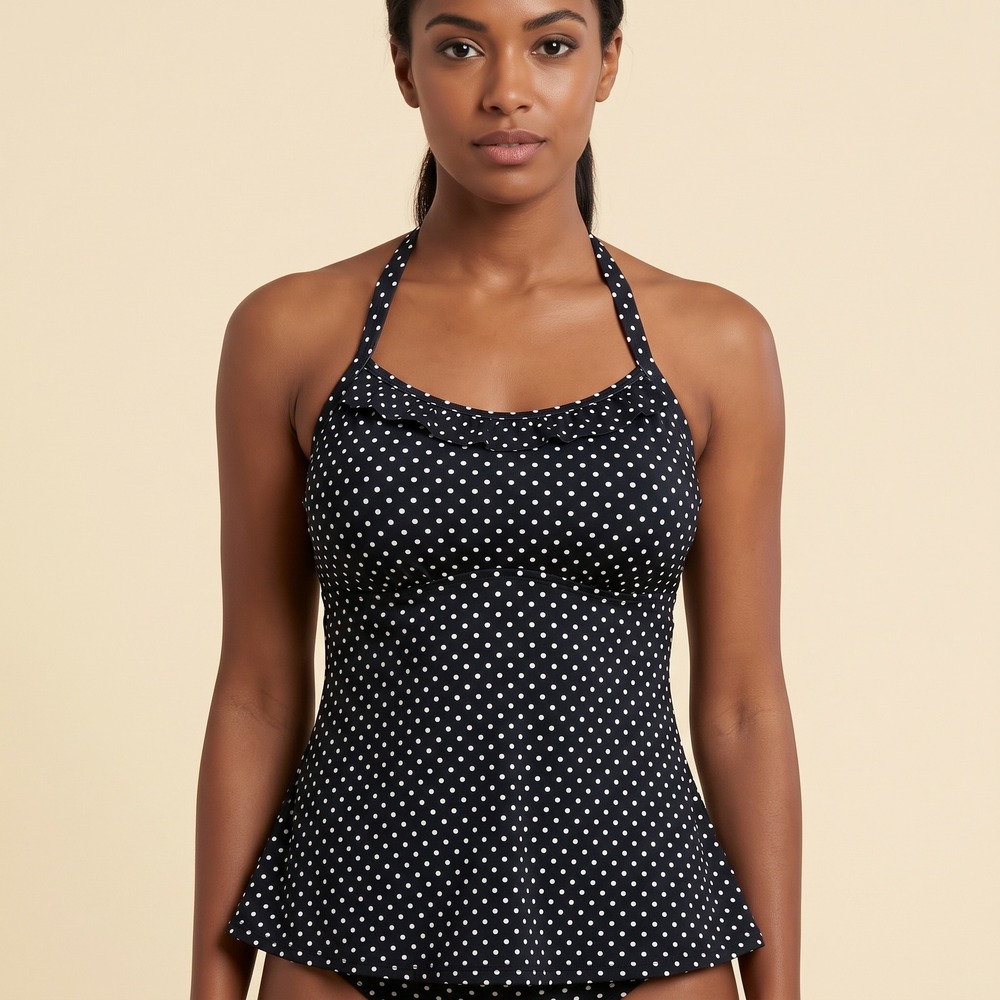 Freya Tankini Top Womens 34G AS3021BLK Black Polka Dot Halter Ruffle EUC